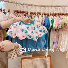 韓國童裝2022春夏女童清新甜美上衣兒童洋氣短袖圓領花朵印花T恤