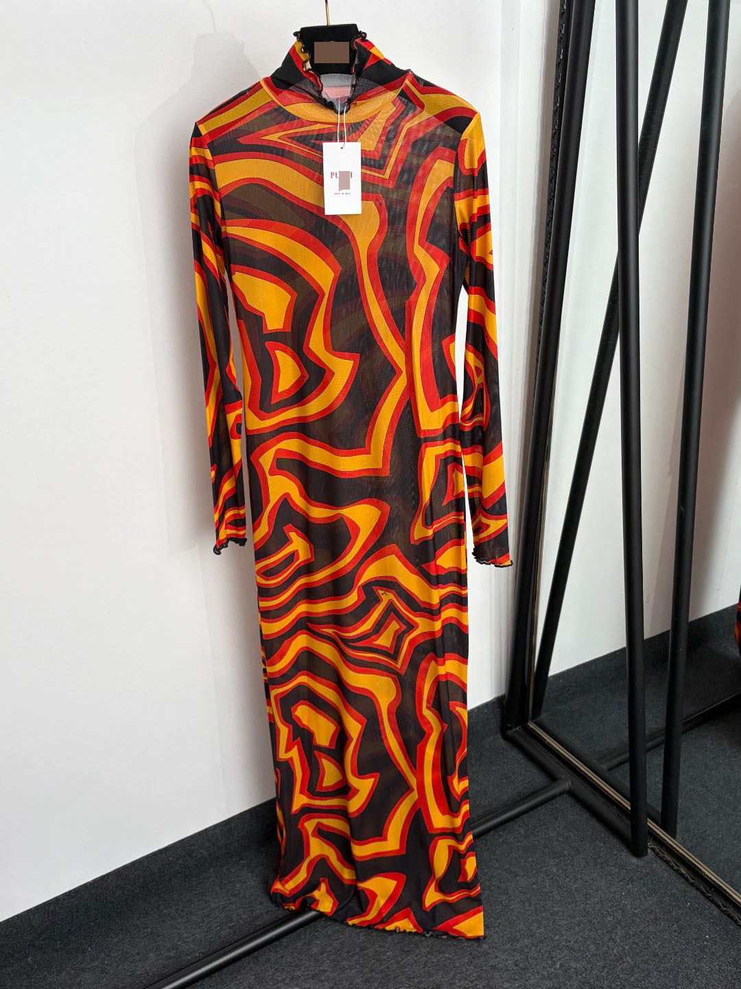 Irregular Color Block Print, Half-High Collar, Slim-Fit Brand Logo Long-Sleeve Dress_ecoleips.com