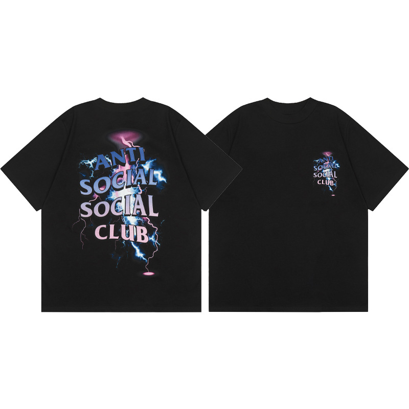Versión correcta ASSC Club de dibujos animados relámpago impresión conjunta cuello redondo de los hombres Jersey pareja manga corta Camiseta moda