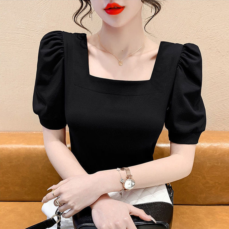 Square Neck Collarbone-Exposing Short-Sleeved T-Shirt for Women 2024 New Summer Slim Puff-Sleeved French Top with Western Style