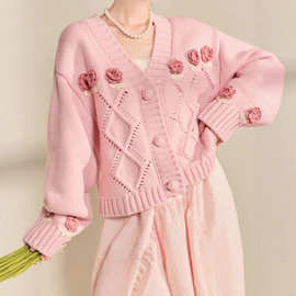 2025春粉色毛衣外套女秋冬慵懒风高级感超好看小香风开衫chic上衣