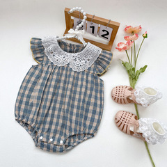 Summer Girls' Short Sleeve Rashguard 2023 New Korean Style Children's Checkered Fly Sleeve One-Piece Suit Girls' Thin Climbing Suit