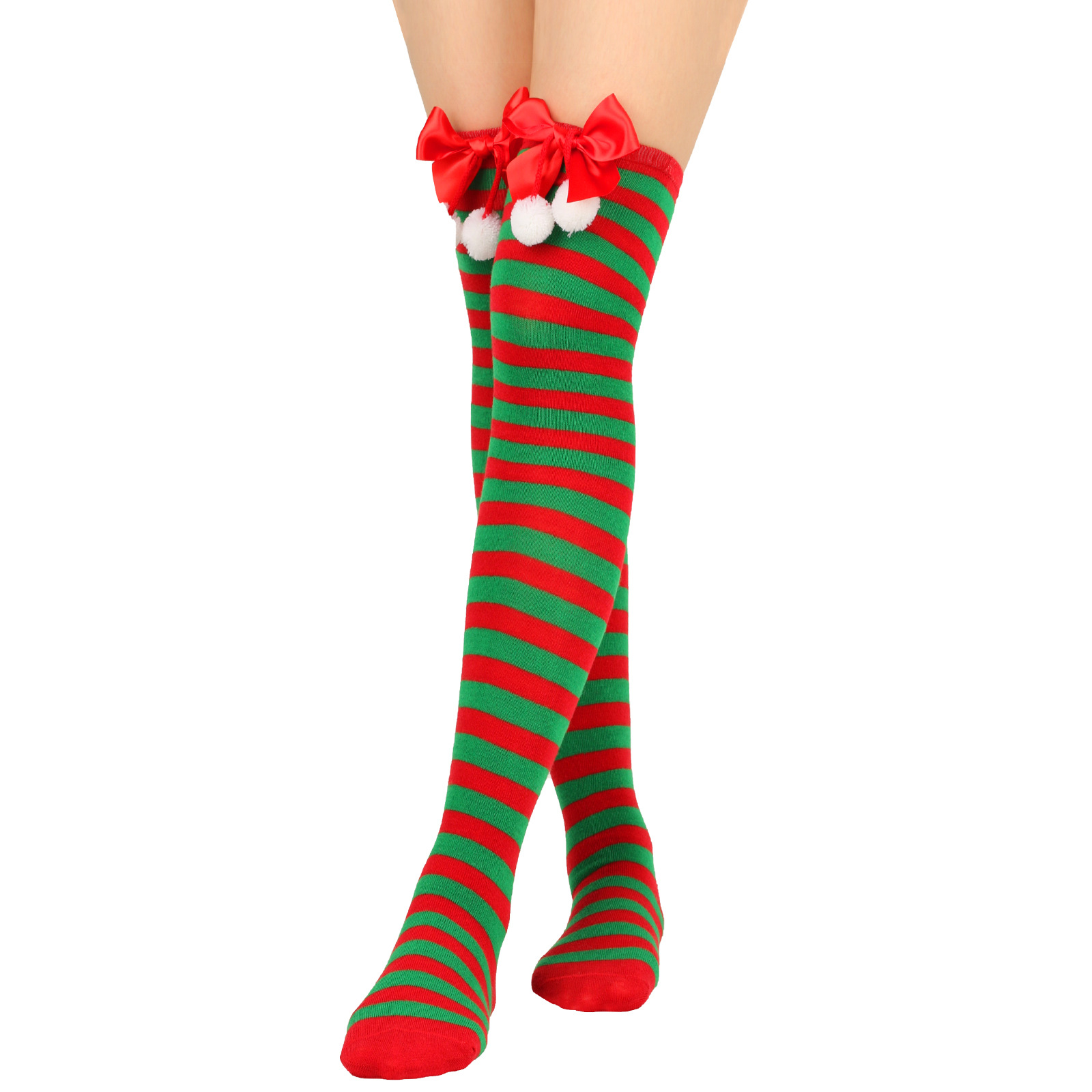 Calzini natalizi unisex con fiocco, calzini a palla, sopra il ginocchio, calzini lunghi da donna, calzini natalizi a righe_voghion.com
