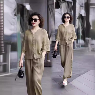 Summer Fashion Western Style Mother's Two-Piece Set 2025 New Loose Slimming Simple Middle-Aged suit Women