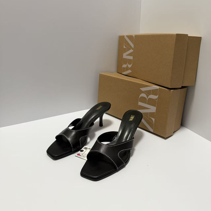 Za2025 New Summer Style French Brown Square Toe Open Toe Cut Out One-Line Strap Back Hollow Stiletto Sandals