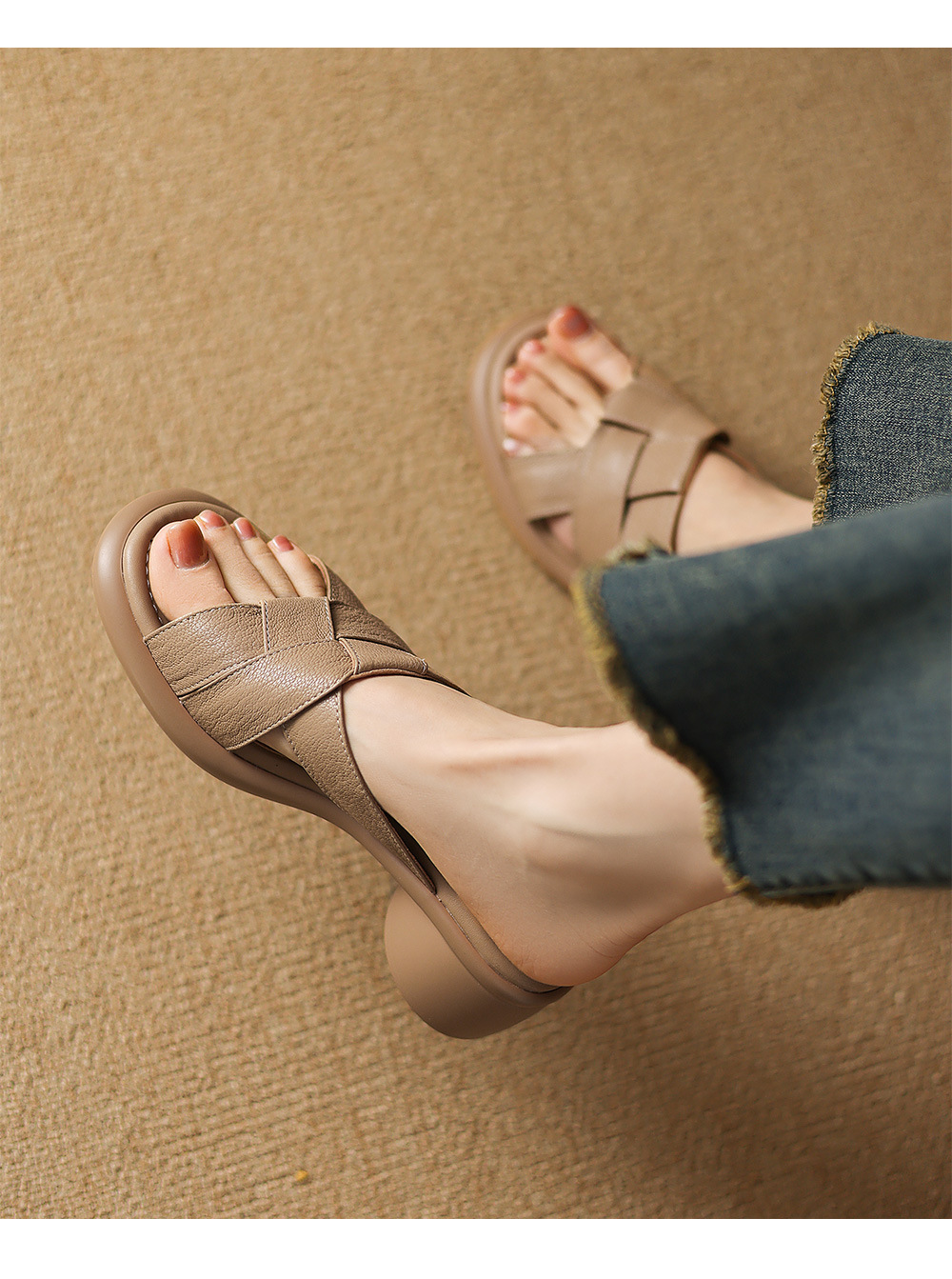 Sandal nữ hở mũi dệt da dê gót cao 7 cm — màu trắng ngà chi tiết 7