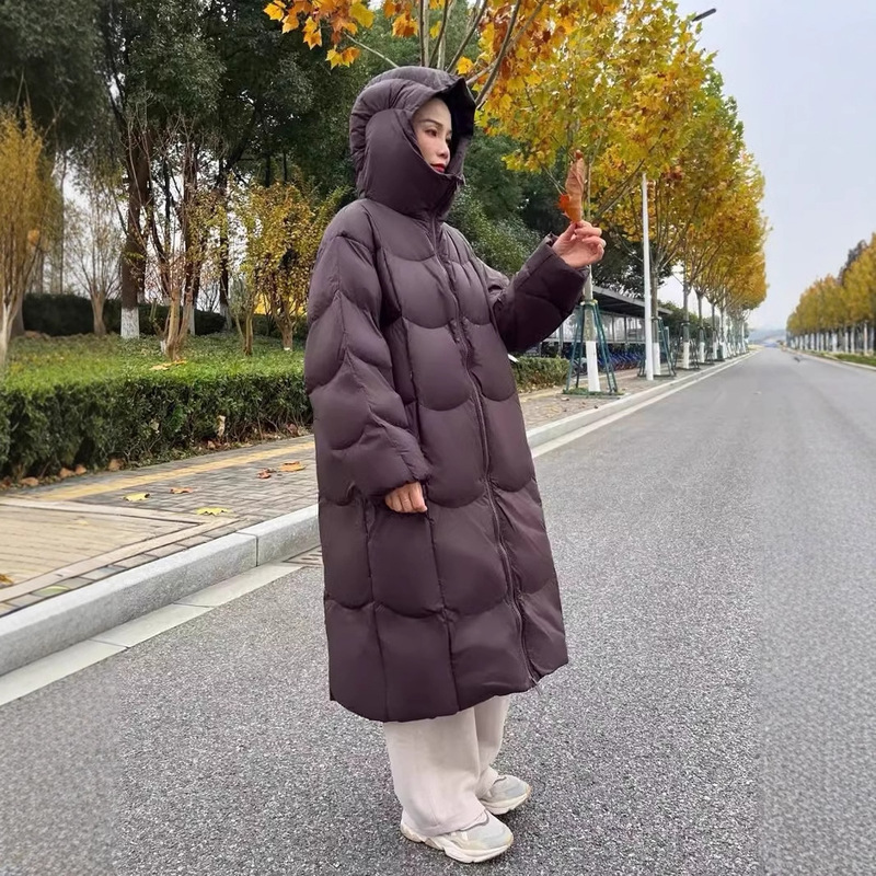 2025 New Women's Long down Jacket, Knee-Length, Cocoon-Shaped, Simple Hooded, Loose, Thickened Coat, Cloud Puff Style