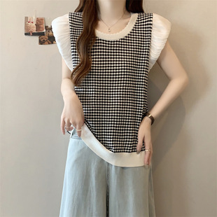 Plus Size Summer Fat mm Sweet Fungus Mesh Sleeves Girly Splicing Plaid Loose Knitted Top