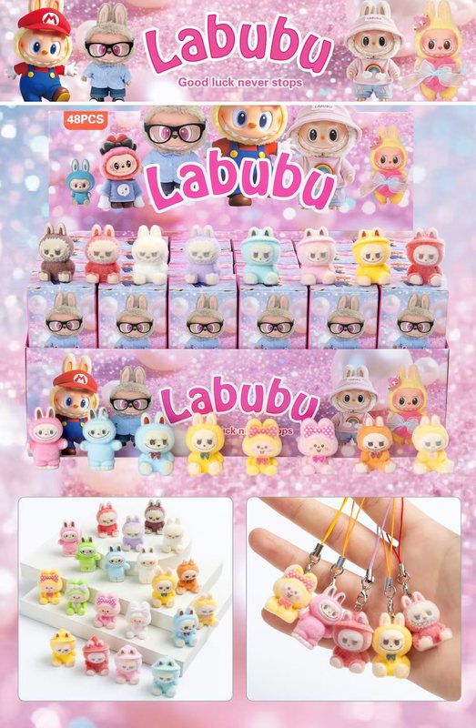 新款48入labubu盲盒小礼品拉布布植绒可爱卡通公仔打孔丁挂绳潮玩|undefined