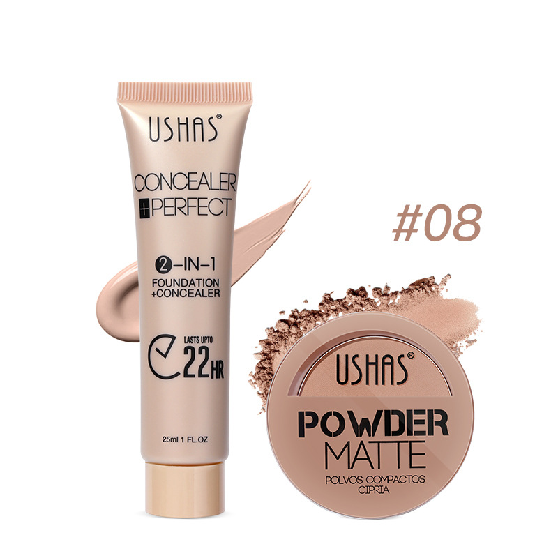 USHAS Cross-border spot maquillaje en polvo base líquida juego de combinación impermeable sin maquillaje para iluminar el tono de la piel estilo B