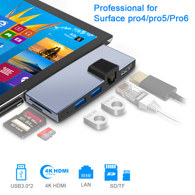 for surface pro4/5/6 multifunction six-in-one docking station to hdmi video port converter hub