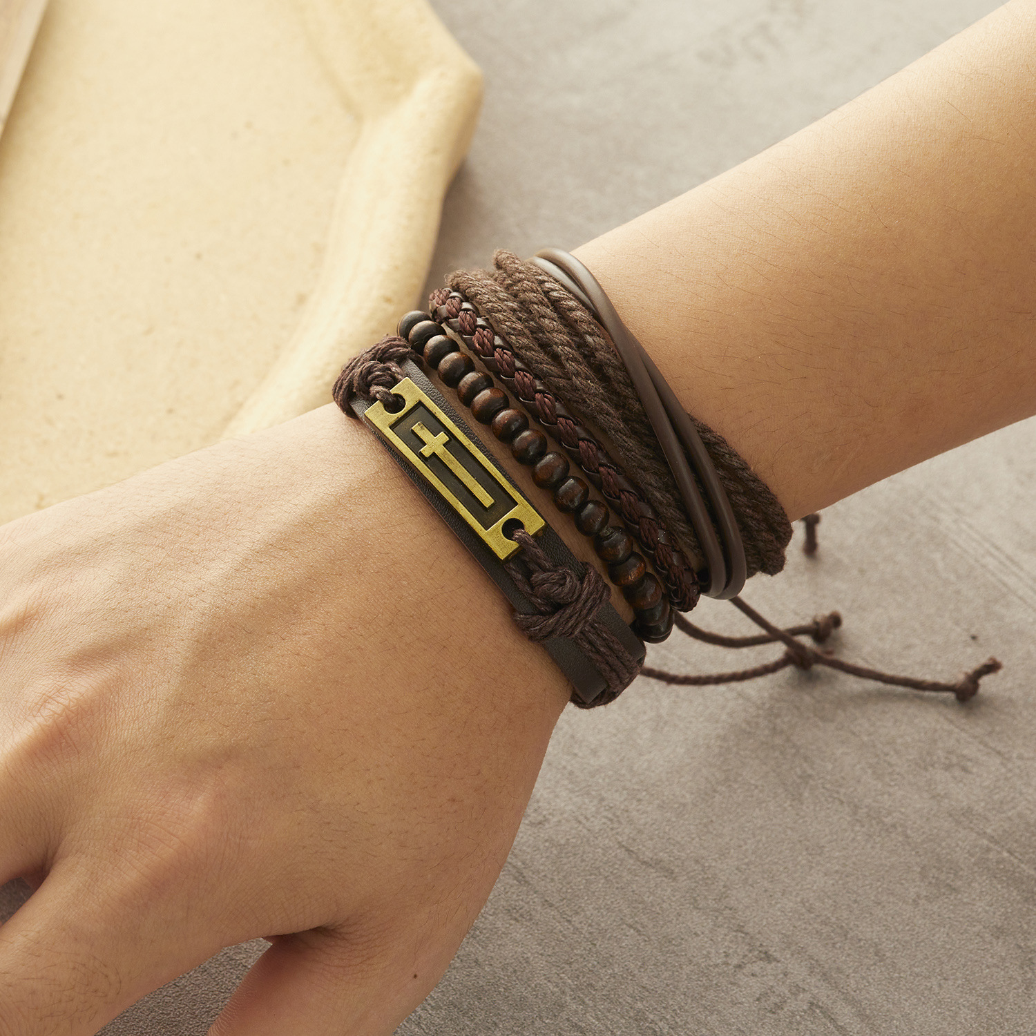 Fashion Cross Heart Shape Pu Leather Knitting Menu0027S Bracelets 1 Set