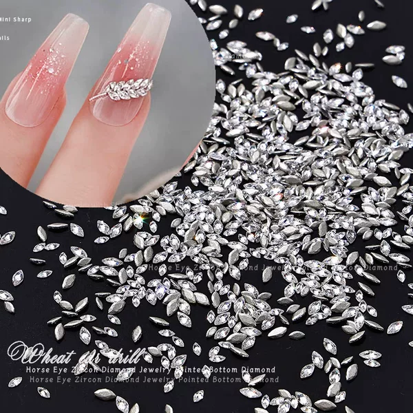 Nail Art Jewelry Marquise Diamond Gemstone Cut Zircon Flats Bottom Mini Wheat Ear Style White Seiko 5A High Quality Super Shiny