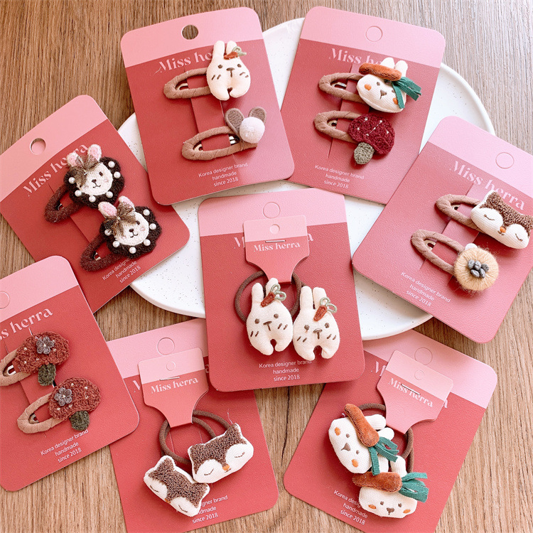 秋冬新款兒童毛線動物髮夾劉海碎發BB夾女童卡通兔子發圈對裝頭繩