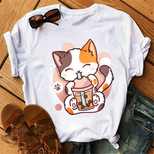 喝珍珠奶茶的小猫柯基卡通印花圆领宽松白色休闲女士短袖T恤上衣