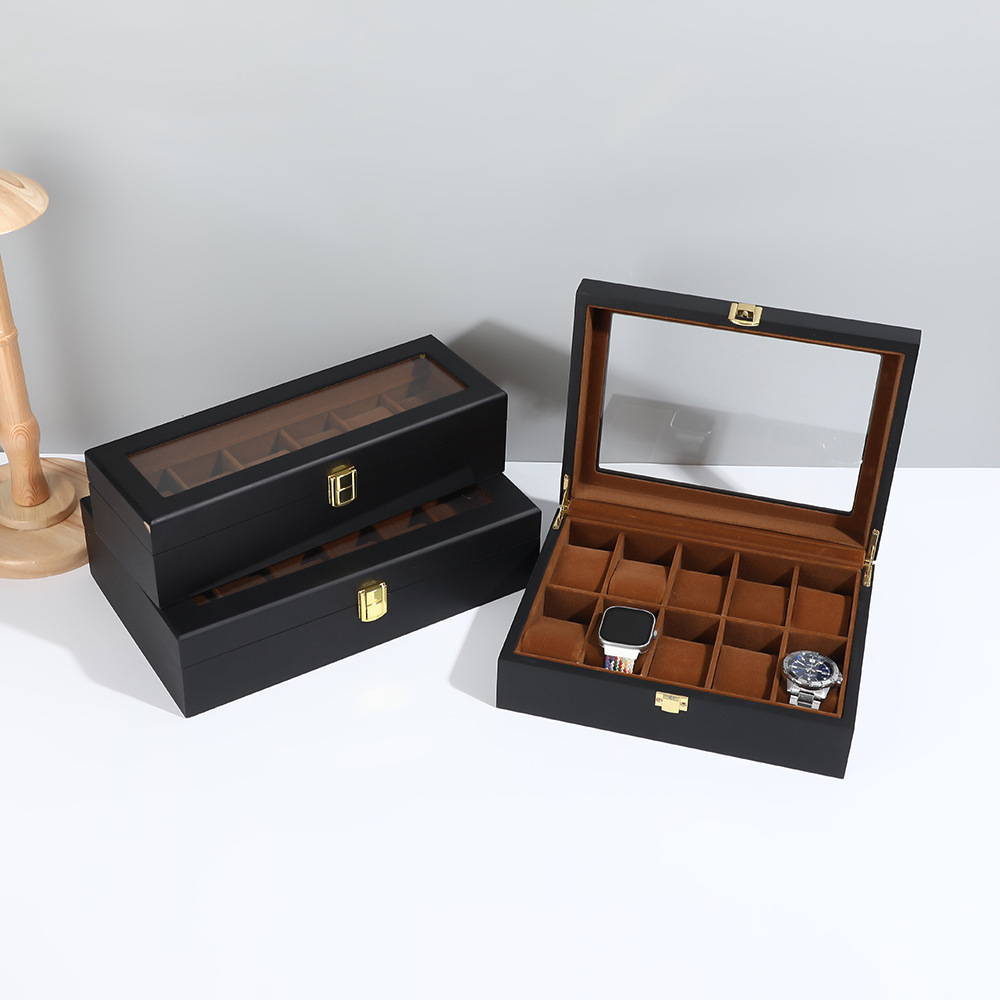 Black Outside and Brown Inside Wooden Watch Box, Chinese Style Solid Wood Watch Storage Box, Black Display Box Gift Box