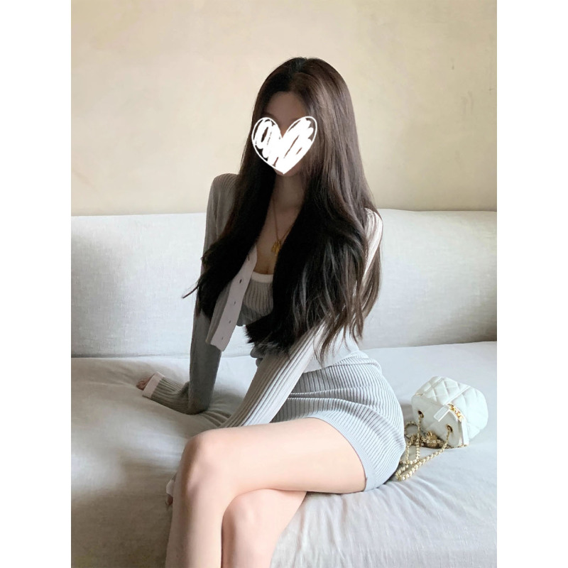 气质高级感纯欲设计感灰色撞色吊带连衣裙短裙女长袖针织开衫套装|undefined