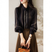 法式2024冬季新款气质优雅条纹长袖衬衫设计感小众百搭立领小衫女