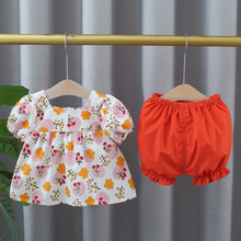 夏季新款女宝宝方领上衣短裤2件套外贸爆款时尚印花甜美女童装ins
