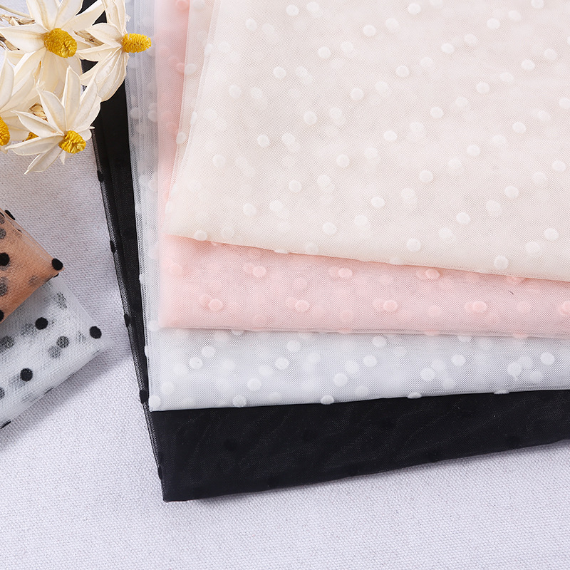 6mm点子锦纶针织涤纶网纱植绒面料 头纱连衣裙舞台服布料