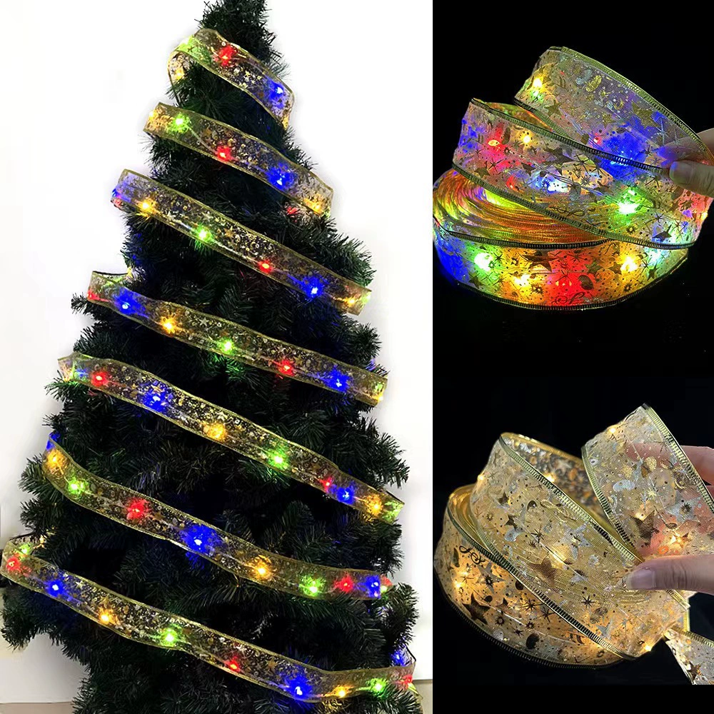 Christmas LED ribbon lights, golden/silver silk, 3.8/5 cm, 1–10 m, battery or remote power options