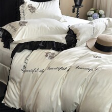 浪漫花卉刺绣兰精天丝四件套少女心黑色蕾丝边冰丝被套