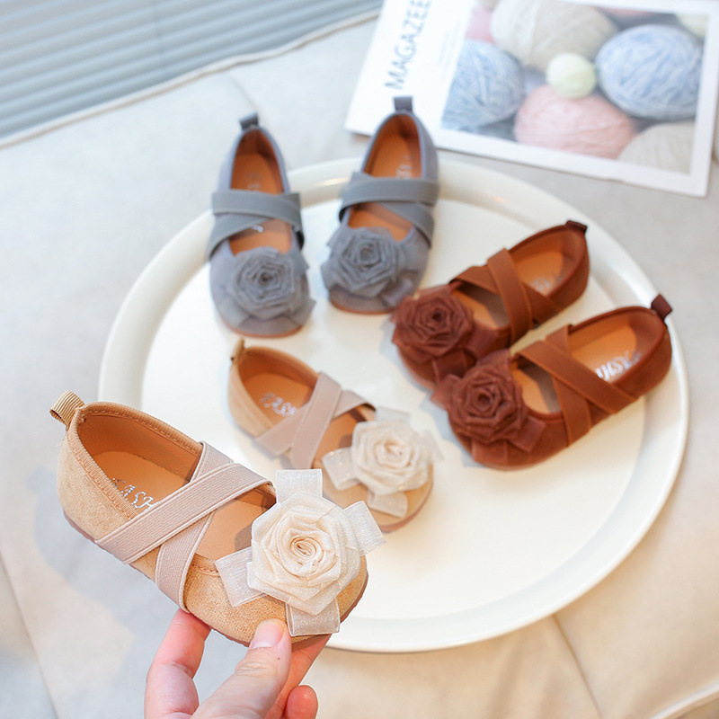 Children's Leather Shoes 2024 Autumn Fairy Flowers Sweet Round Toe Nipple Shoes Elasto Princess Shoes Dance Shoes