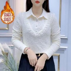 一件代发2025秋冬新款爆款时尚洋气翻领减龄蕾丝纯色打底衫上衣潮