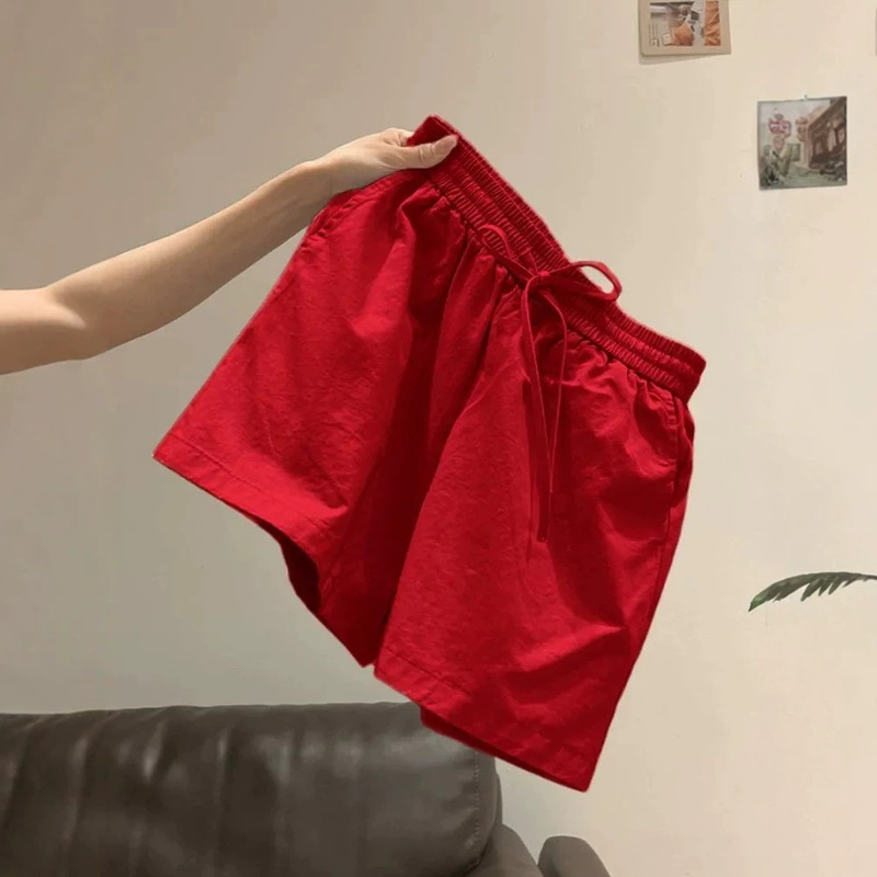 100% pure cotton red drawstring shorts~Summer wide-leg shorts for women, thin, loose, slimming, casual hot pants, trendy