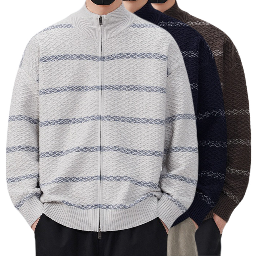 Explosiones transfronterizas de tamaño europeo de tamaño grande contraste a rayas cardigan jersey suéter texturizado hombre abrigo de cuello al por mayor fábrica