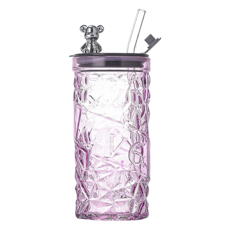 Punto de pelo liso nuevo oso con tapa taza de agua con pajita, aislamiento térmico, taza de agua para el hogar gruesa, taza de agua transparente de alto valor