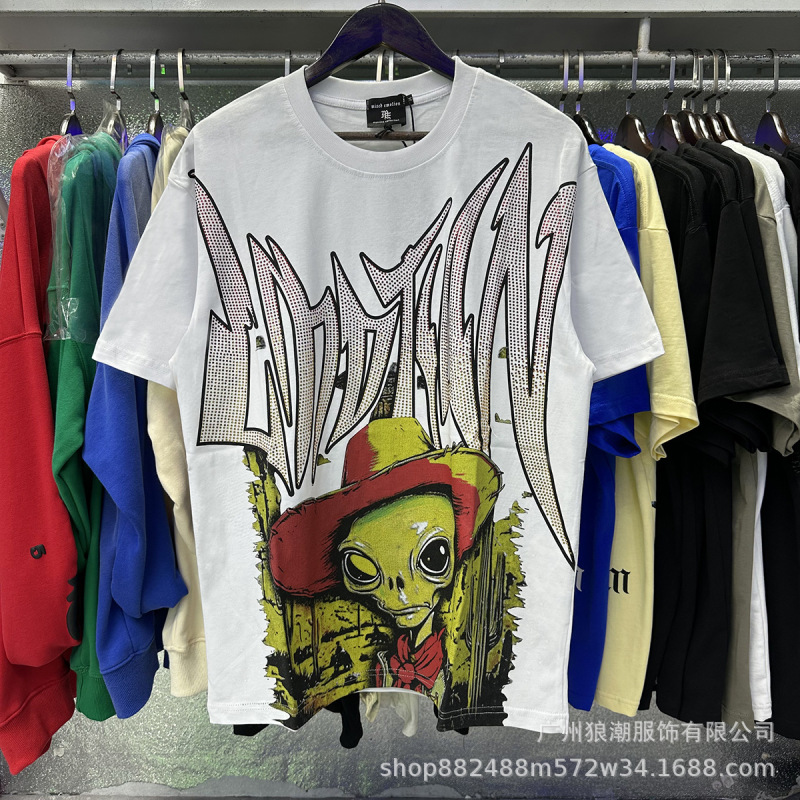 MIXED EMOTION レトロホットダイヤモンドプリントロゴ美しいトレンディなラウンドネックルーズカジュアル半袖Tシャツ男性と女性用|undefined