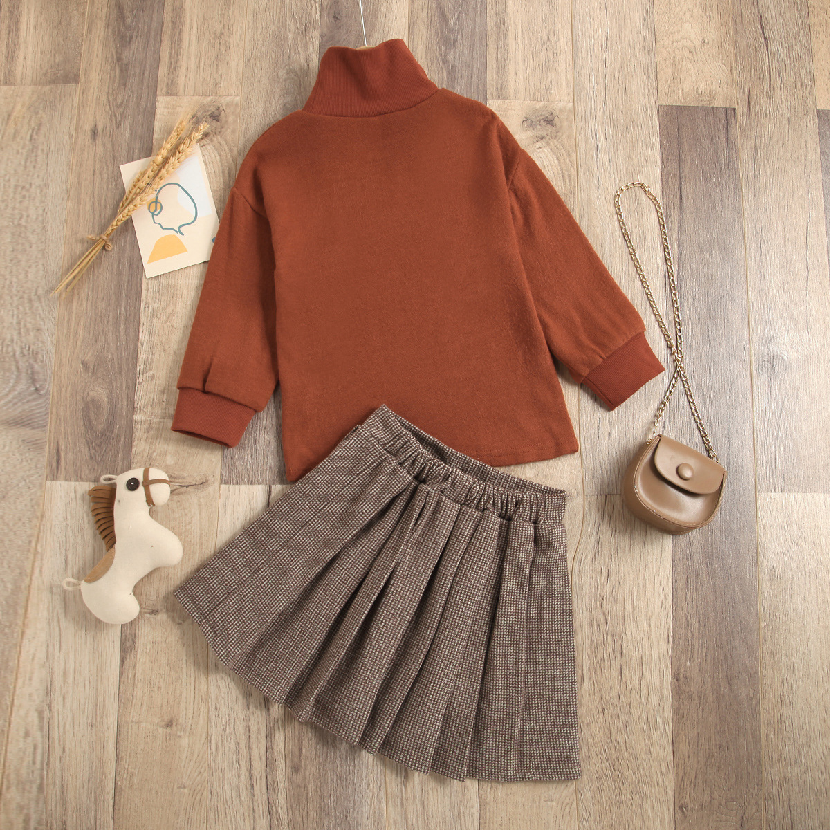 Children's Cross-border Autumn New Long Sleeve Turtleneck Bottoming Knitted Sweater + Woolen Pleated Skirt A- Line Skirt Two-piece Suit display picture 3