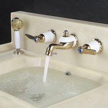 铜芯双盆四件套水龙头浴室柜墙式分体抽拉冷热开关三孔洗脸盆龙头