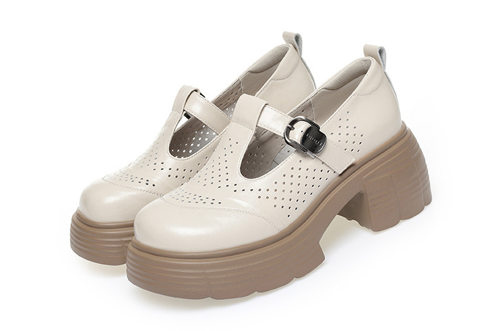 Sandal cao gót đế dày nữ hở mũi, thoáng khí mùa hè, da thật — Màu be chi tiết 22