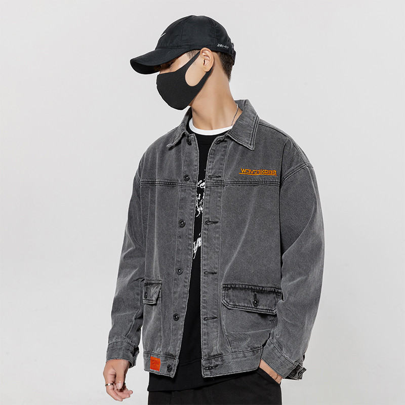 (2개) 트렌디 한 브랜드 데님 재킷 남성 스트리트 트렌디 올 매치 레트로 루즈 플러스 사이즈 캐주얼 자수 작업 재킷 탑