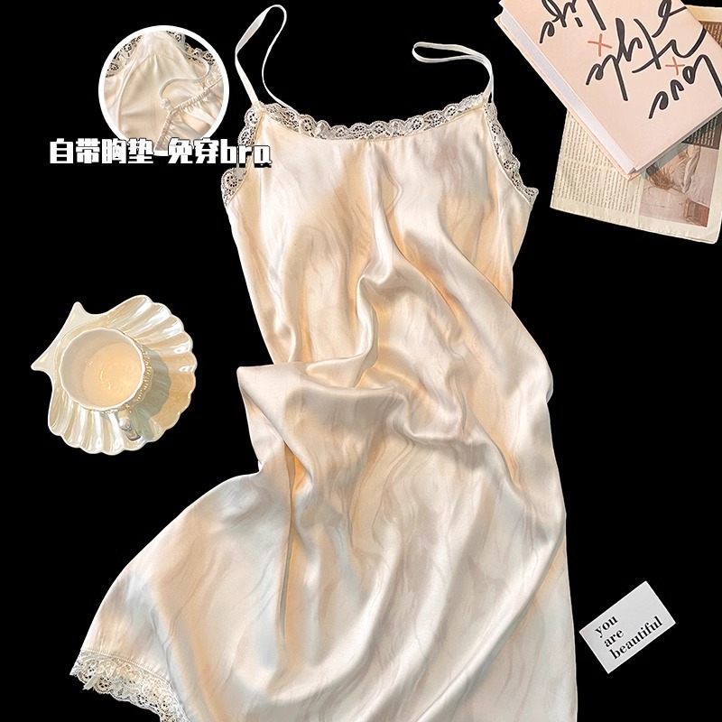 High-End Water Ripple Cool Ice Silk Nightgown for Women Summer 2025 New Suspender Breast Pad Sexy Pure Lust Style Pajamas