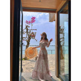 甜美度假风一字露肩短款碎花抹胸上衣女夏绝美大摆半身长裙子套装