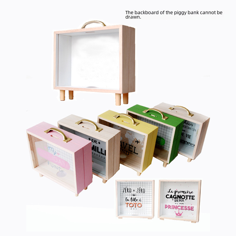 Money Bank Wooden Handicraft Ornament Home Children's Room Desk Decoration Coin Glass Savings Bank