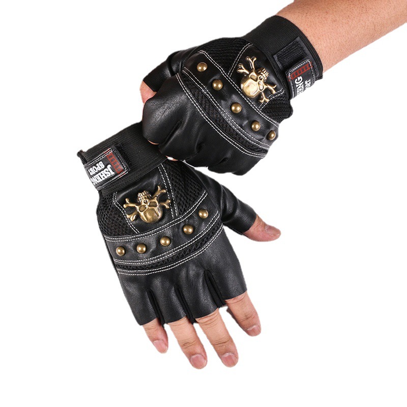 Nuevos hombres y mujeres guantes de medio dedo remache cráneo transpirable pu cuero al aire libre ciclismo deportes fitness dedo guantes de fuga