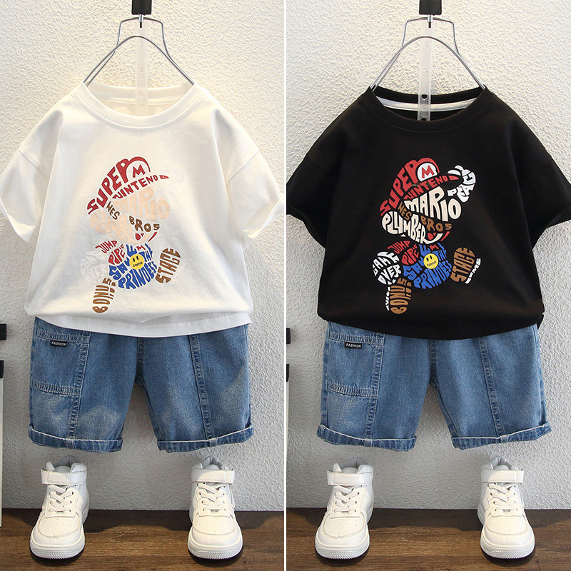 8020 niños pequeños y medianos estilo occidental cuello redondo manga corta T traje verano niño coreano casual de dos piezas chaqueta de media manga