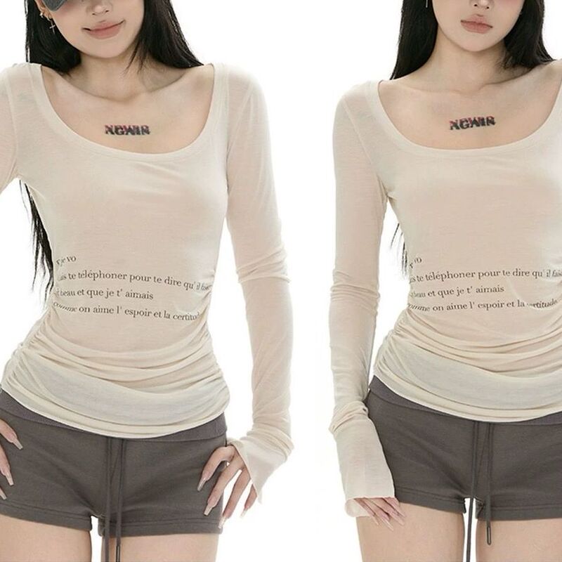 Summer Thin Style "Slightly See-Through" U-Neck Long-Sleeve Printed Sun-Protective Slim-Fit T-Shirt for Women, Casual Slim-Fit Top