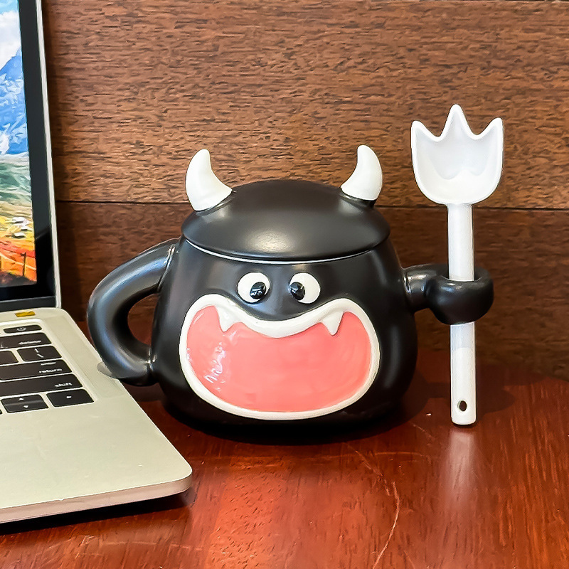 かわいい小悪魔カップ、蓋とスプーン付きのクリエイティブで面白いマグカップ、キュートでパーソナライズされたセラミックウォーターカップ、女性への誕生日プレゼント|undefined