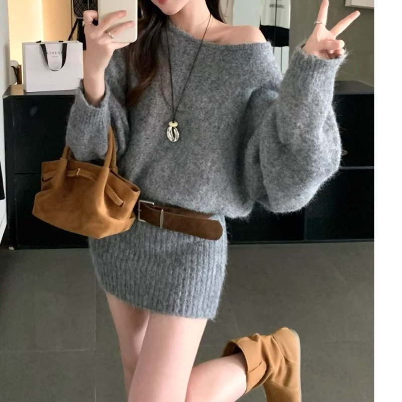 法式气质一字肩长袖针织连衣裙女秋季新款高级感收腰显瘦包臀短裙|undefined