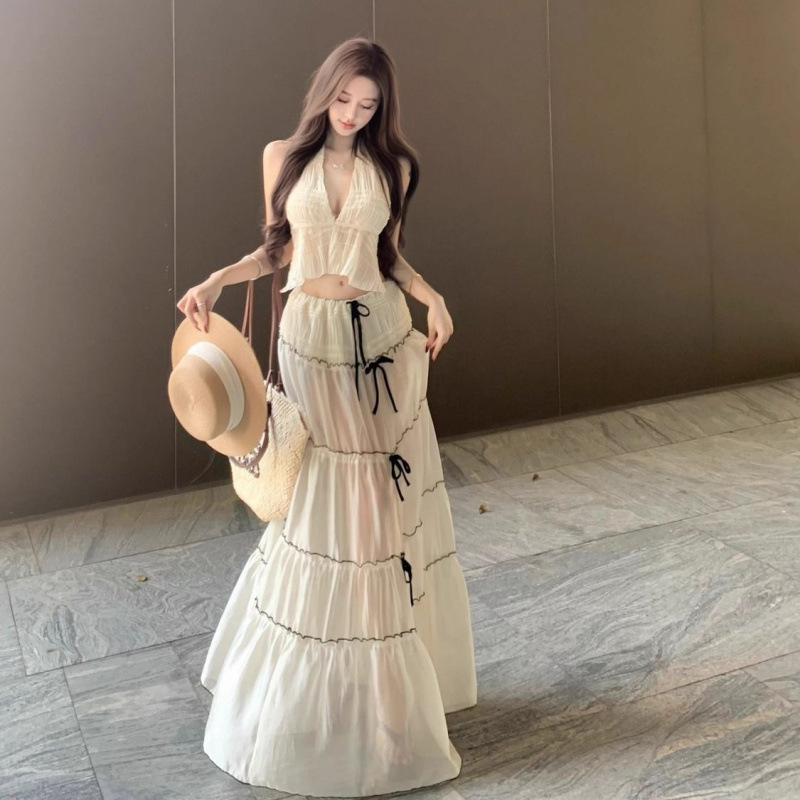 海边度假风穿搭套装纯欲v领挂脖背心女夏季网纱高腰半身裙两件套|undefined