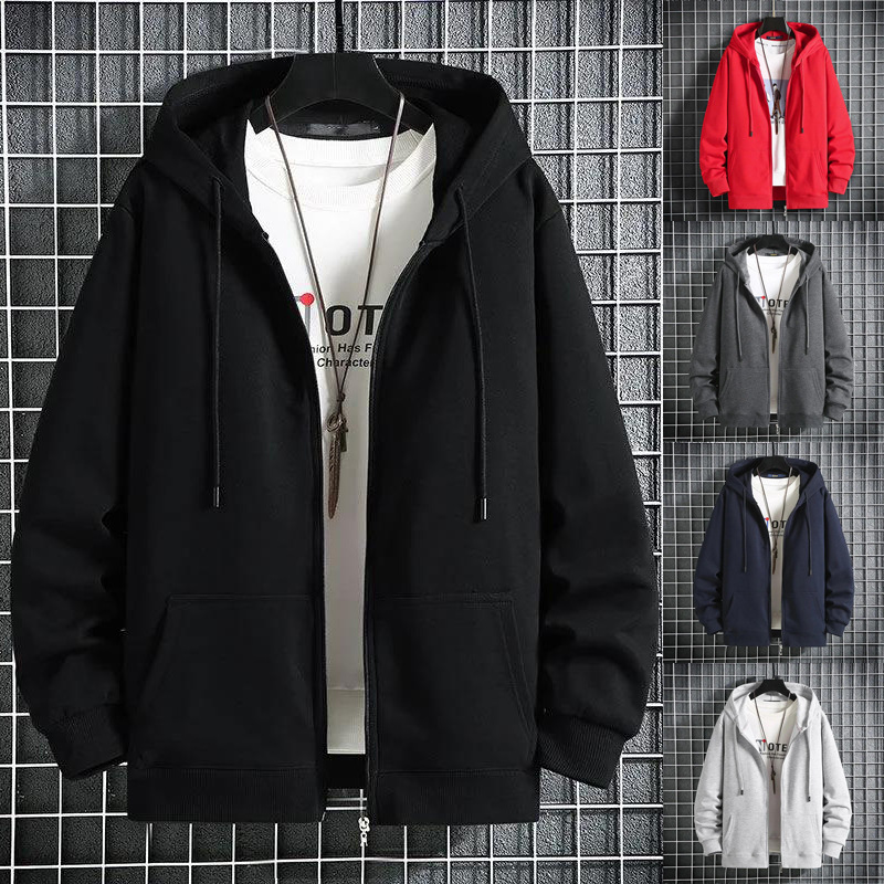 320 grams of spring and autumn big Terry cardigan sweater solid color zipper hooded coat loose sports cardigan sweater men's fashion