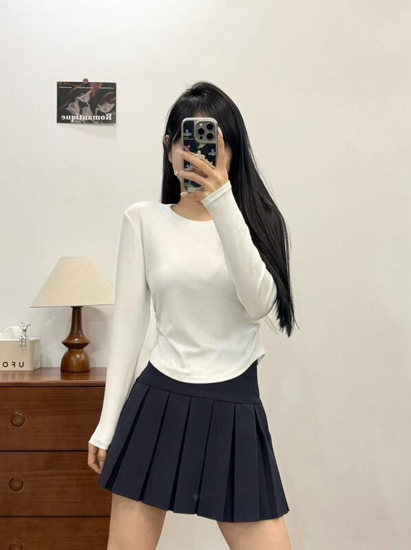 布小九/圆领褶皱收腰打底衫女生修身长袖纯色百搭圆领长袖T恤上衣|undefined