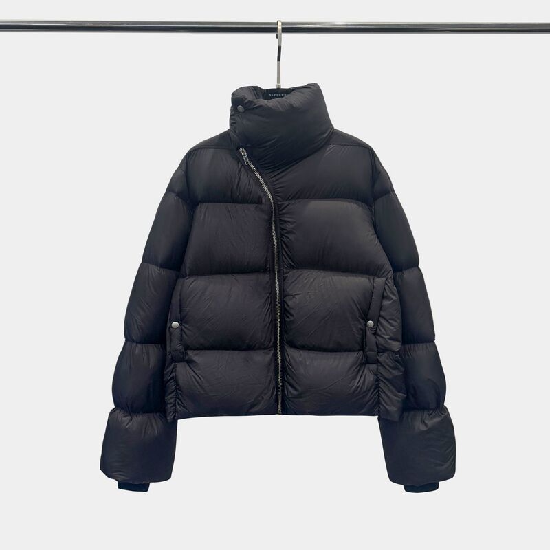 Dark Style down Jacket with Stand Collar and Diagonal Zipper, New Simple Retro Trendy Quilted Original Goose down Coat
