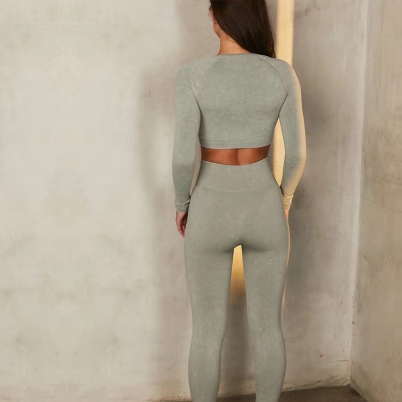 现货新款欧美砂洗无缝瑜伽服套装女长袖仿牛仔双拉链运动健身套装