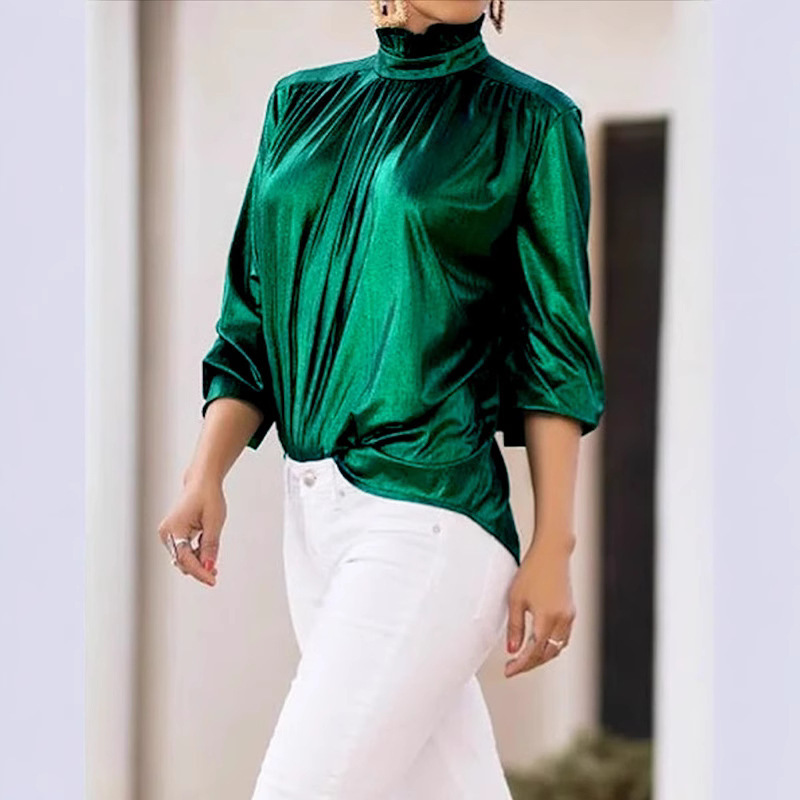 Loose Three-Quarter Sleeve Shiny Solid Color Turtleneck Shirt Top